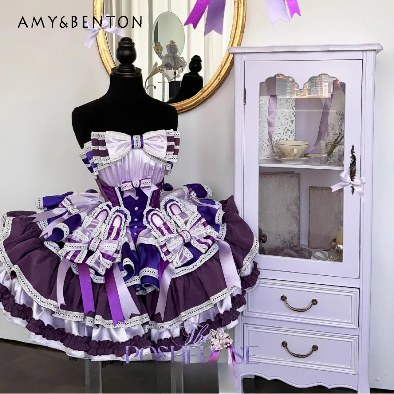 

Original Design Purple Splicing Cute Bow Women's Tube Top Dress 2025 Summer Autumn New Sweet Elegant Sleeveless Dresses Ladies
