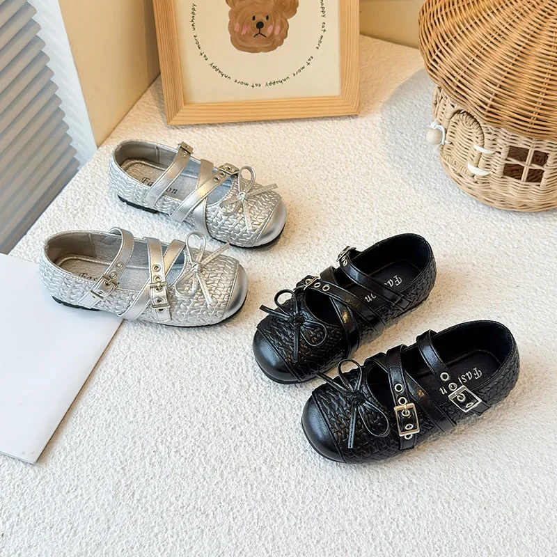 

Girls Princess Shoes with Simple Bow Children Flat Shoes Korean Style 2025 Autumn New Kids Leather Shoes Soft Bottom Soild Color