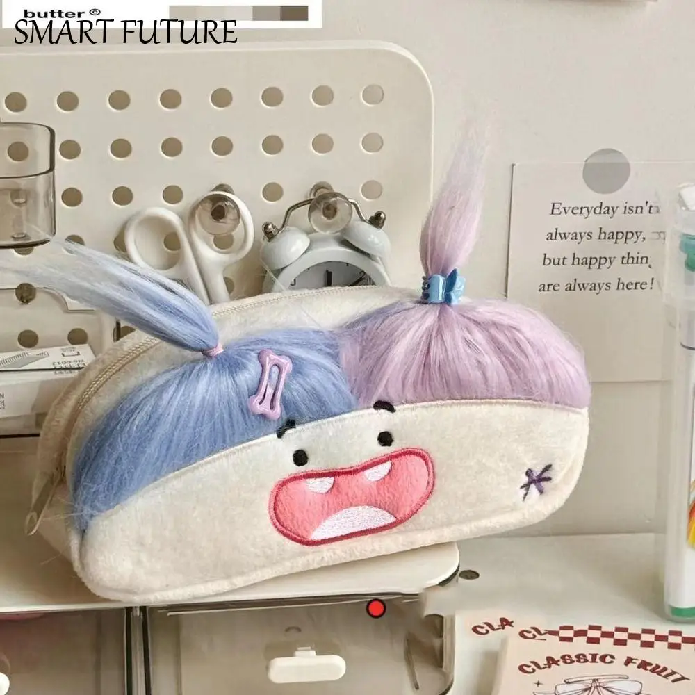

DIY Fluffy Hair Afro-Hair Doll Pen Bag Large Capacity Zipper Pencil Case Holder Funny Kawaii Soft Plush Pen Bag Kids Gift