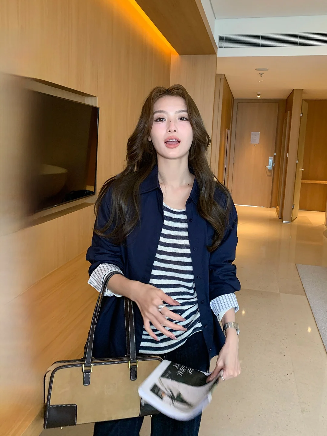 

Maven Lin lectual Sle Commute Cotton irt Women's Patchwork Stripe Open Cardigan Casual Loose Fit Long Sve