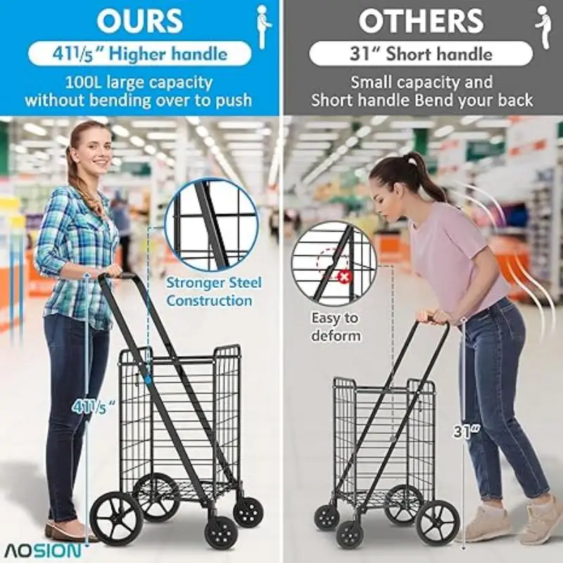 AOSION Folding Shopping Carts for Groceries,27GAL/220lb,Grocery Cart with 360° Rolling Swivel Wheels, Collapsible Rolling cart