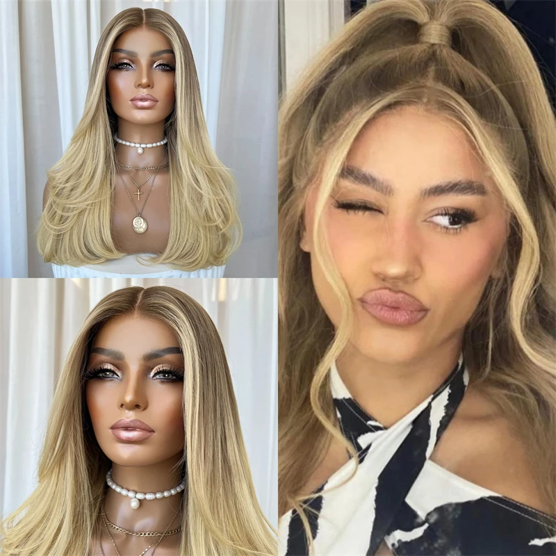

High Quality Synthetic Lace Front Wig Ombre Golden Blonde Highlight Wig with Dark Roots Long Straight Wig For Women Daily Party