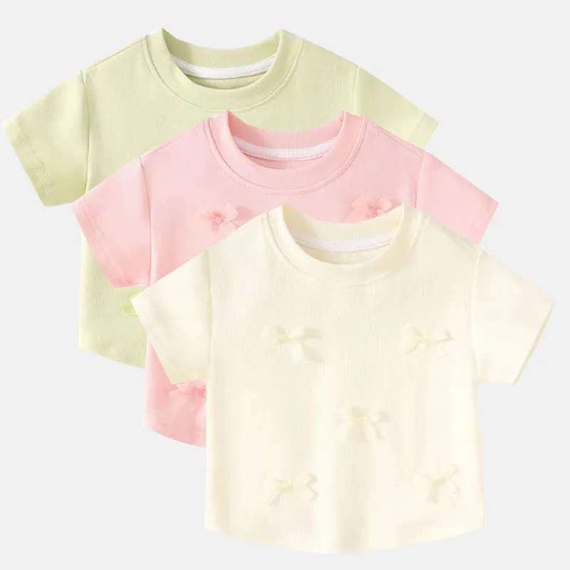 

1pcs Summer Girls Bow Short Sleeve T-shirt Childrens Cute Tshirt Baby Round Neck Breathable Clothes Kids Fashion Solid Color Top