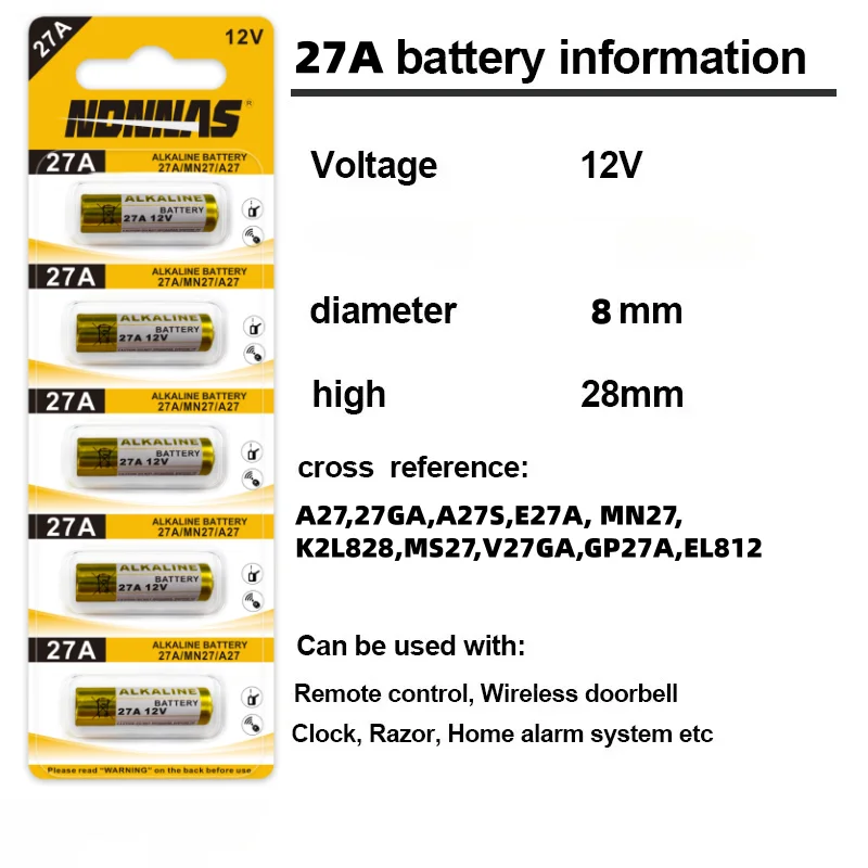 2-100 Stück 27A 12V Alkaline A27 27AE MN27 L828 V27GA 22mAh 8x28,2mm für Türklingel, Autoalarm, Schlüsselanhänger, Garagentor-Fernbedienung – Detail 2