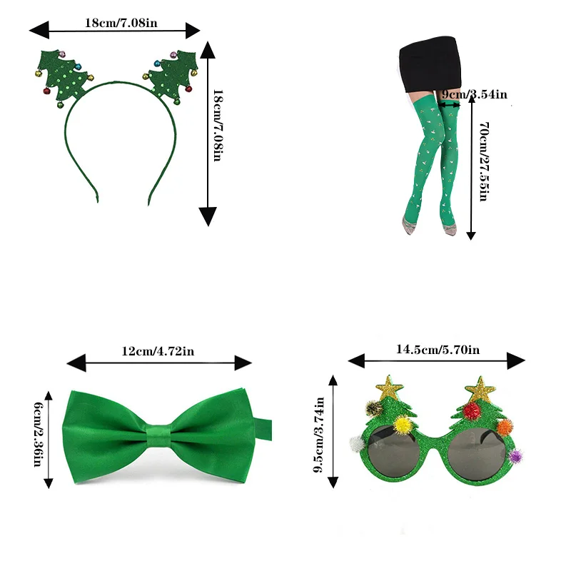 PESENAR Christmas Tree Costume Set - Green Tutu Skirt, Headband, Stockings, Glasses - Adult, Female Christmas Party Costume