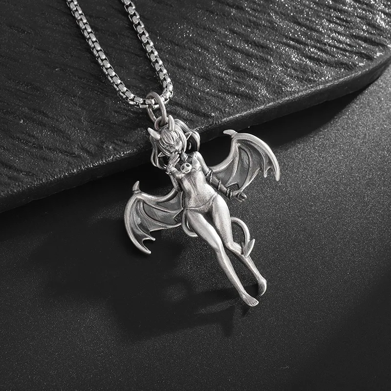 New European  American Retro Gothic Unique Creative Halloween Anime Halloween Bat Wings Girl Comic Pendant Silver Necklace
