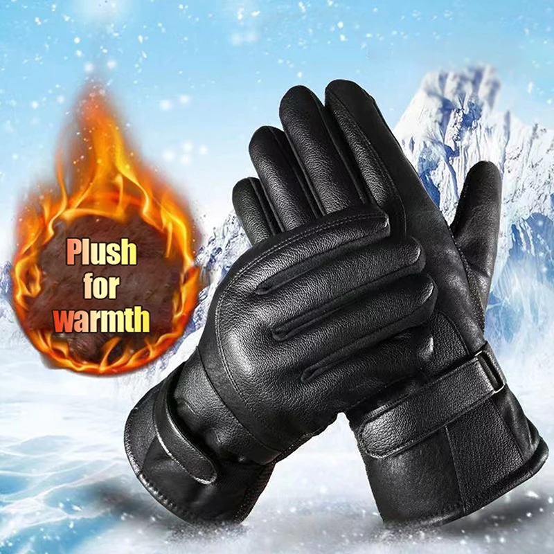 Guantes negros de cuero PU para hombre, manoplas cálidas con botones para deportes al aire libre, conducción, esquí, guantes a prueba de viento, suministros de invierno