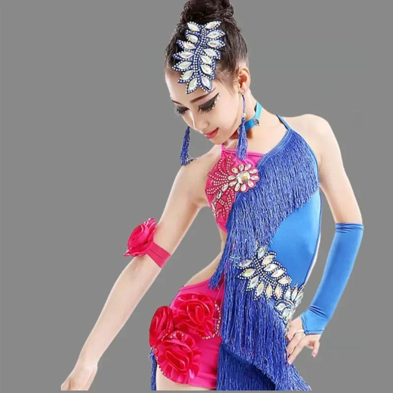 1 pcs/lot children tassel Latin dancing dress girl sexy backless Latin Modern dancing dress ruffles fringe dress