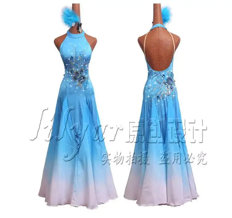 

Modern Dance Performance Costume Competition Dress Gradient Ice Blue Chinese Style Off-Shoulder Embroidered Dance Dress