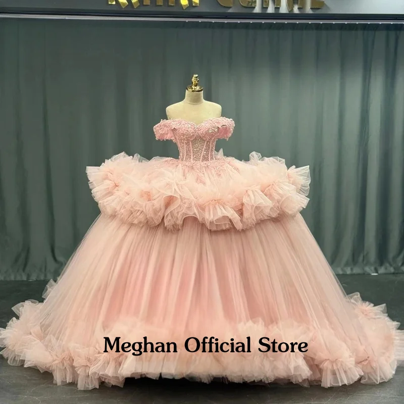 

Модные платья Quinceanera с аппликациями из стразов с открытыми плечами и рюшами Vestidos Para Quinceanera по индивидуальному заказу