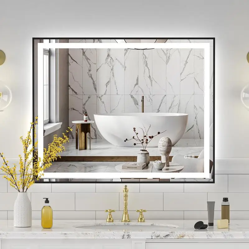 

40"x32" Black Eco-Friendly Silver Mirror with Dual LED Light Strips and Front/Back Lighting
