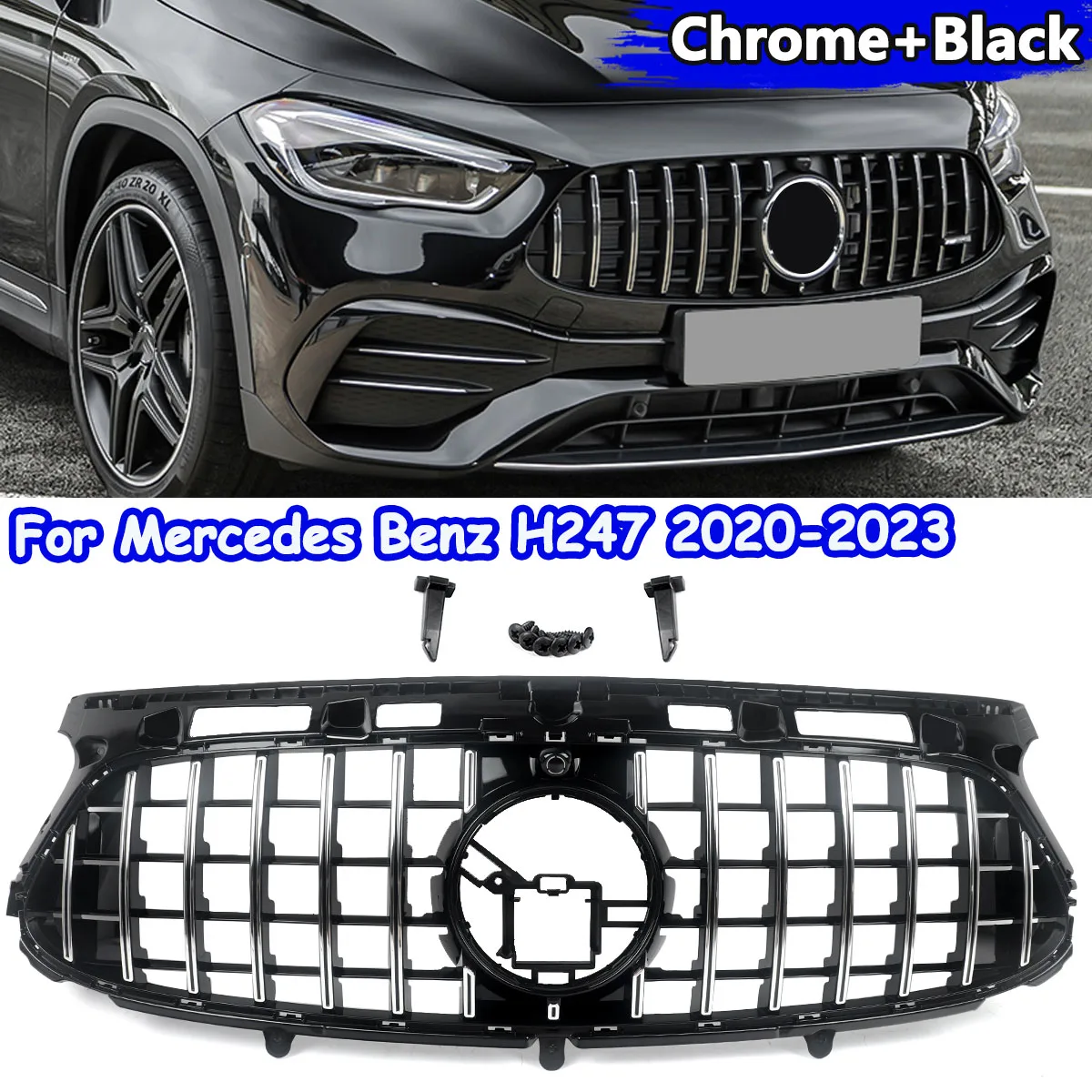 

SAIQINGSP Front Bumper Grille For Mercedes Benz GLA-Class H247 2020-2023 Chrome+Black ABS Plastic Car Accessories Tools