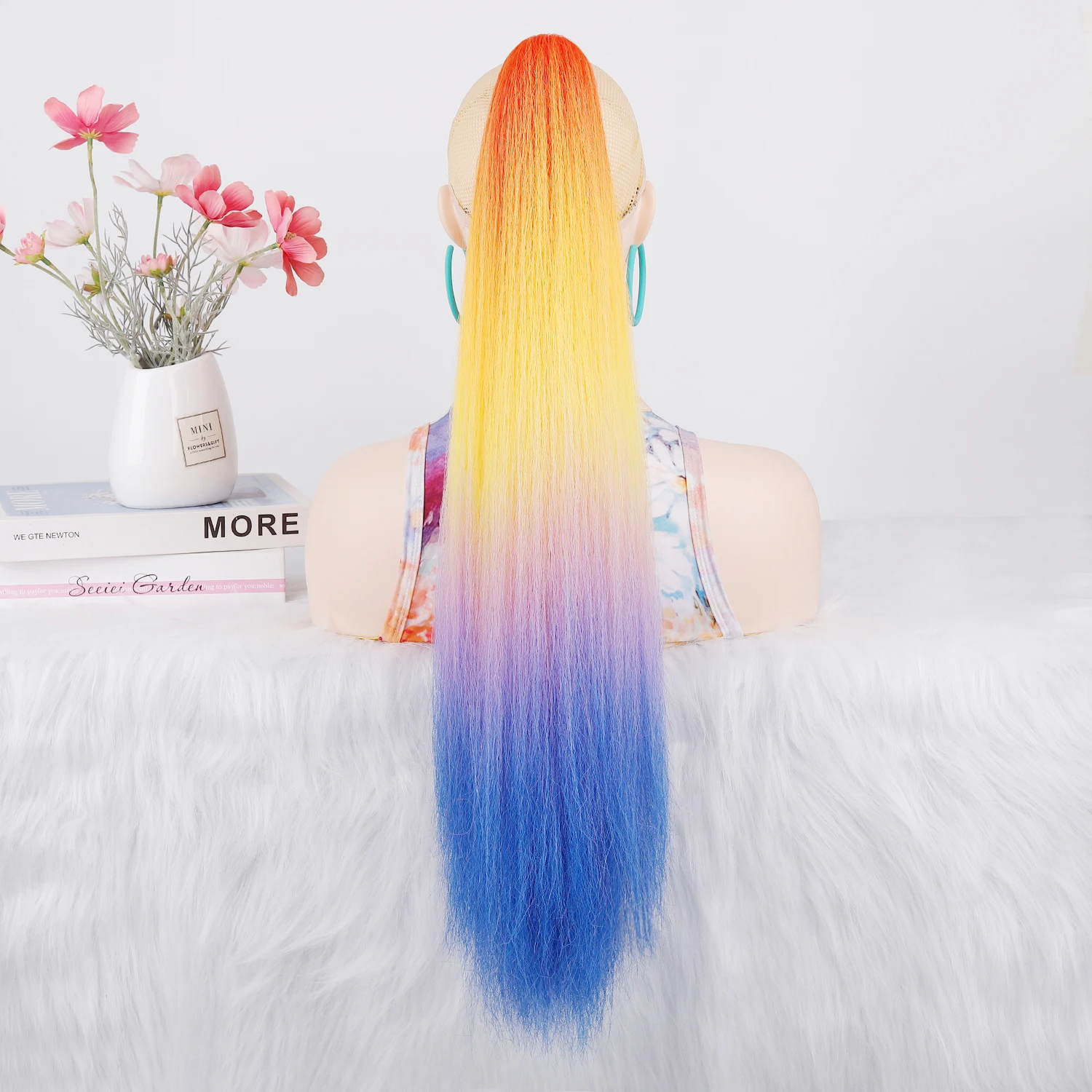 Jeedou 포니테일 헤어 익스텐션 클로 클립 온 야키 스트레이트 포니테일 레인보우 옴브레 컬러 합성 헤어피스 코스프레 가발