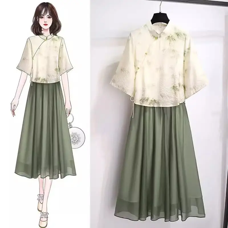 

Summer Bamboo Print Two Piece Set Modern Women's Hanfu Set Three-quarter Sleeve Shirt Half Skirt 2024 New Chinese Style Suit