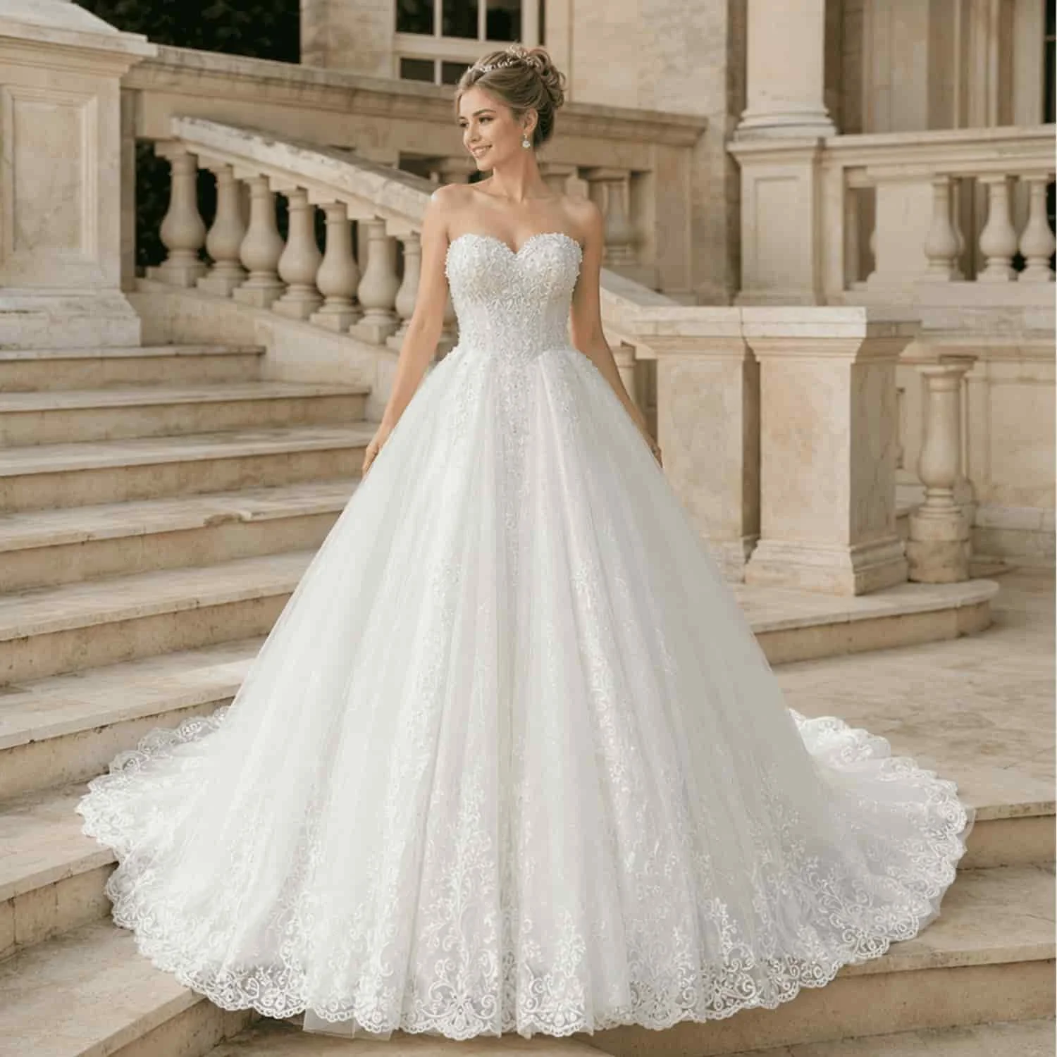 Strapless Sweetheart Ball Gown Wedding Dress Lace Applique Scalloped Hem Long Train