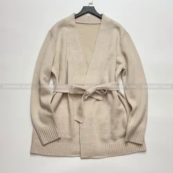 Temperament light mature wind solid colour tie waist knitted cardigan female 24 autumn new loose commuter jumper coat