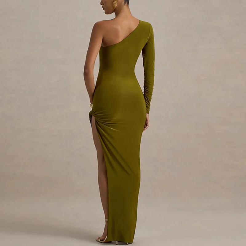 뉴 레이디스 하이 스플릿 플리트 칵테일 웨딩 파티 원피스 하이 엔드 섹시 타이트 원 숄더 새틴 댄스 파티 원피스 신부 들러리 옷