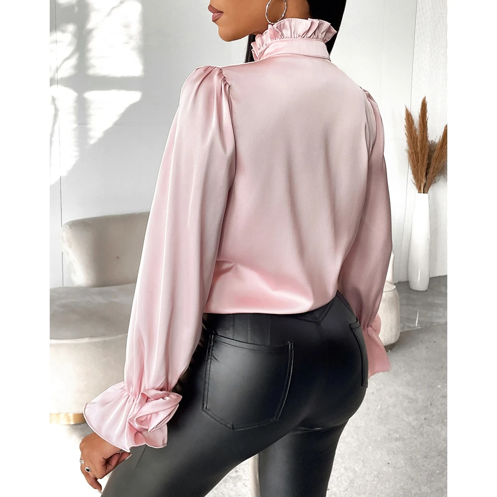 2024 Women's Tie Rose Frill Hem Bell Sleeve Top Buttoned Design Long Sleeve Stand Collar Casual Blouse Fashion Shirts Spring