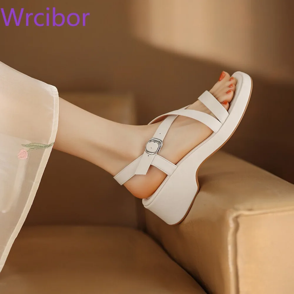 

Women Sandals Round Head Crossed Strap Open-toe Sandals Vintage Silver White and Apricot Versatile