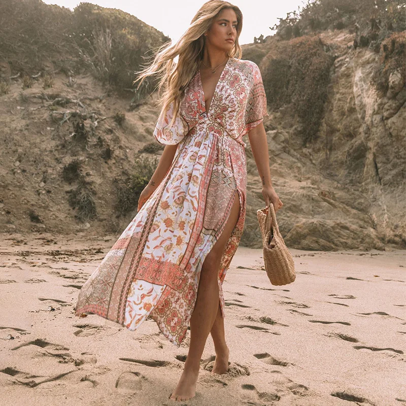 

Beach Coverup Maxi Dress Women's Summer Sunscreen Bohemian Blouse Beach Dress Long Outer Shirt Beachwear Clothes Bathing Suit