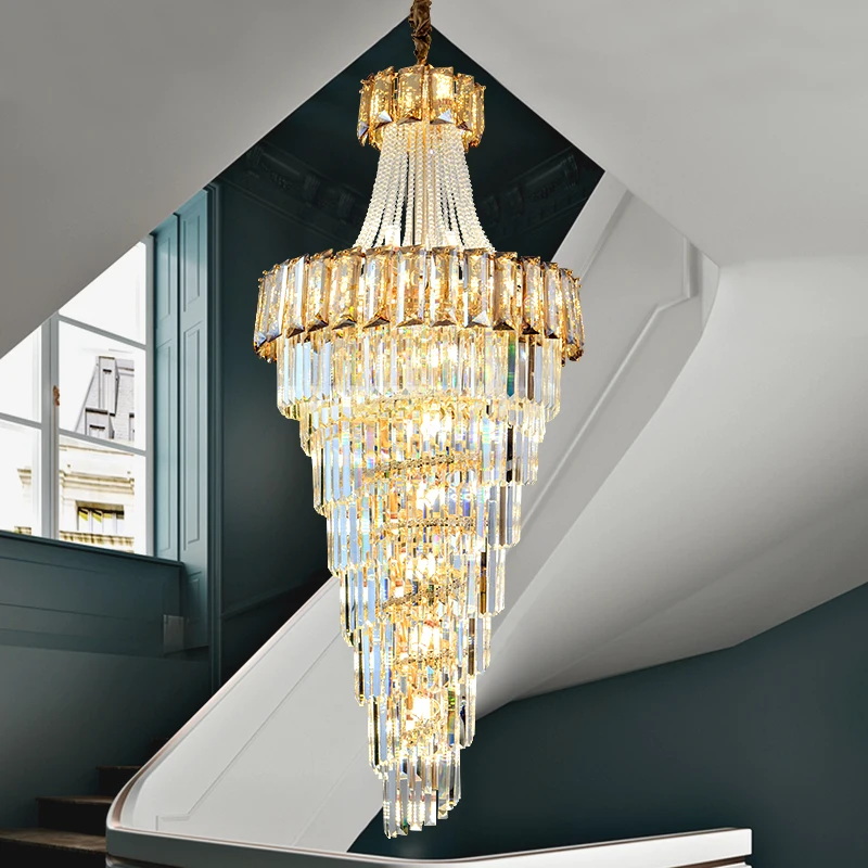 Luxury Personality Crystal Long Chandeliers Creative Living Room Rotary Staircase Grand Villa Cone Luminaire Hotel Lobby Lamp