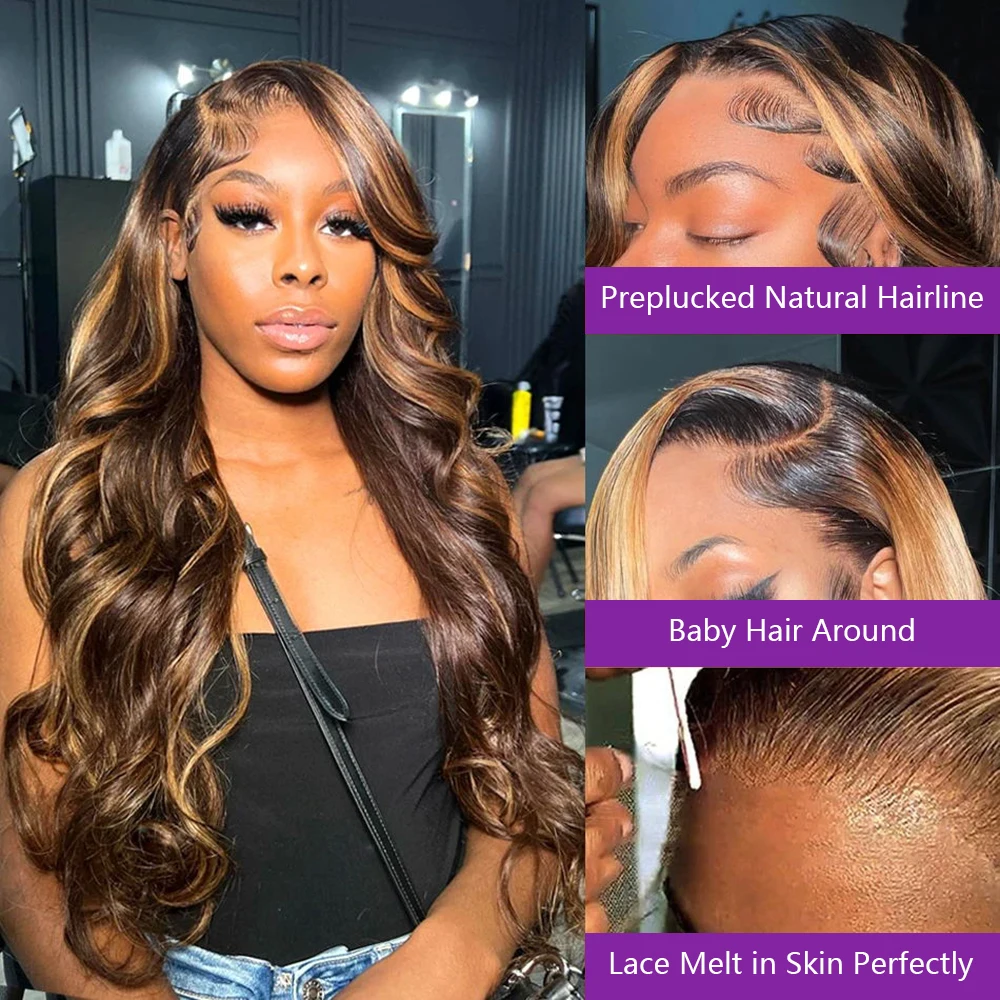 Highlight Wig Human Hair 4/27 Colored Body Wave Human Hair Wigs 200 Density 13x4 13x6 HD Transparent Lace Frontal Wig 34 36 Inch