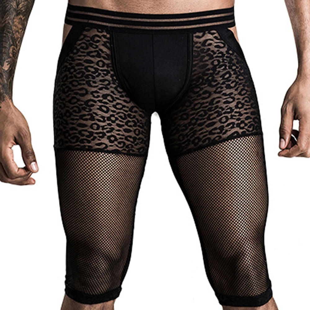 Sexy Transparent Mesh Leopard Open Buttocks Knee Length Bulge Pouch Briefs Underwear Pumps Shorts And Underpants Men