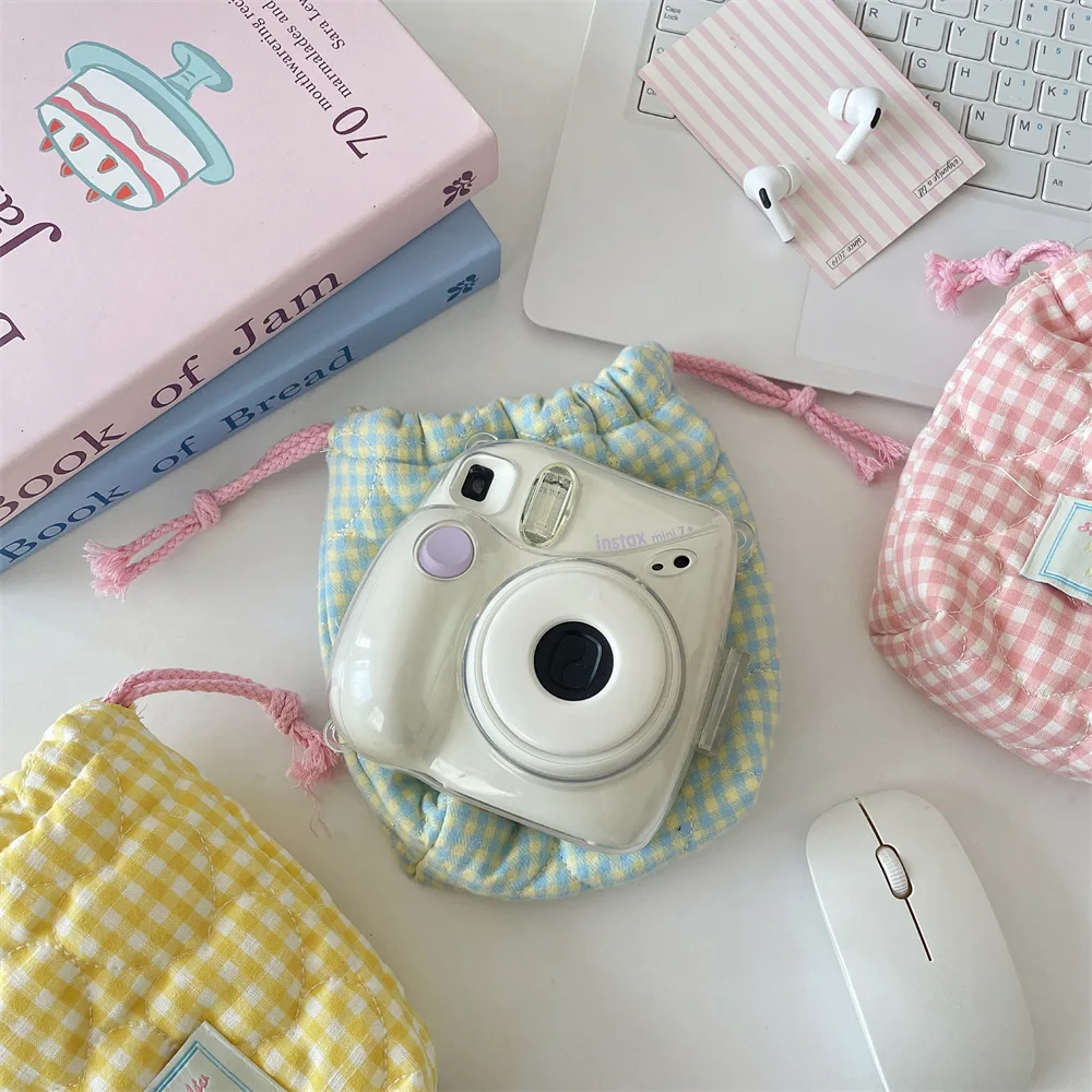 Gewatteerde liefde dames camera opbergtas snoep contrasterende kleur geruite vrouwelijke cosmetische tas draagbare trekkoord meisjes clutch waszakken