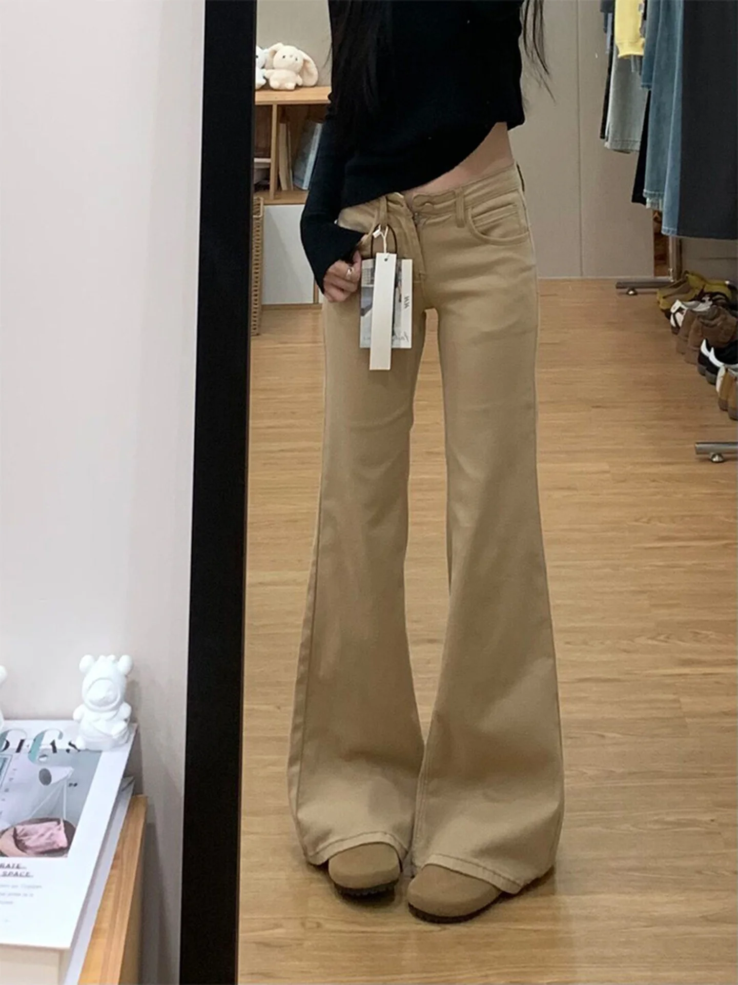 

American Style Thin High Waist Khaki Color Bell Bottom Jeans Women Summer New Slim Fit Straight Leg Long Pants Casual Wear