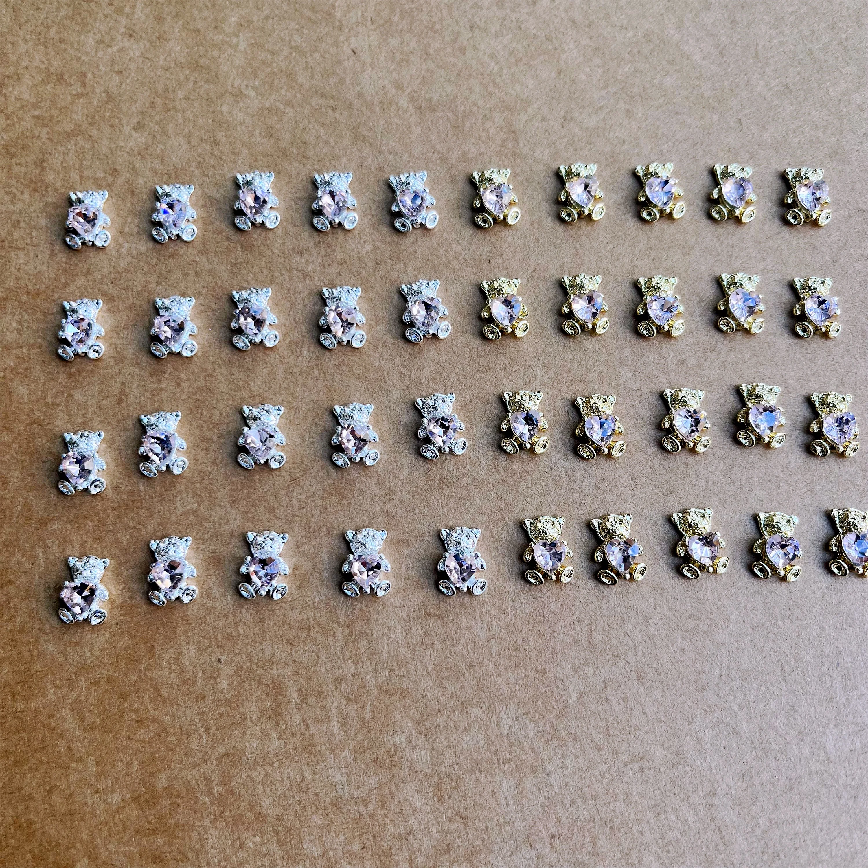 10pcs 3D Shiny Alloy Bear with Pink Heart Shaped DIY Nail Decorations Silver Bear Nail Art Rhinestones Luxury Jewelry Manicure *