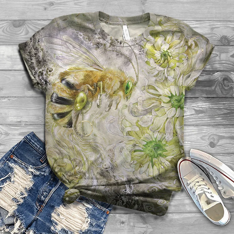 Letnie śmieszne koszulki z pszczołami Animal 3D Print Damska odzież uliczna O-Neck Krótki rękaw T Shirt Y2k Harajuku Tees Top Odzież damska