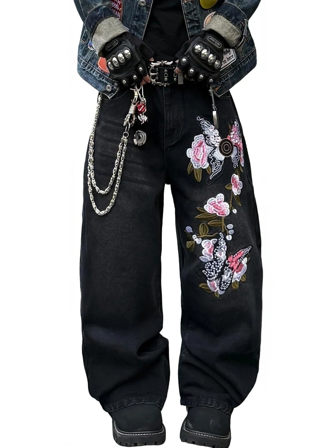 

Men's Y2K Embroidered Baggy Jeans Wide Leg Denim Pants mid Waist Machine Embroidered Summer Season Loose Fit Jeans