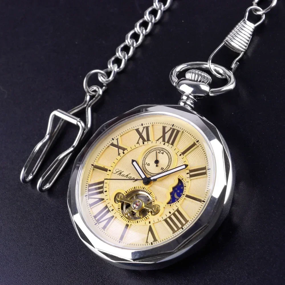 Reloj de bolsillo mecánico de lujo con fase lunar dorada sin cubierta, reloj de bolsillo con colgante antiguo Steampunk, regalos de alta calidad para hombres