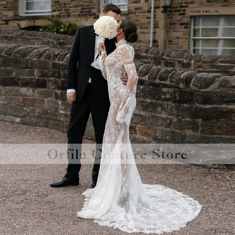 Vintage Lace Wedding Dresses Long Sleeves High Neck Civil Mermaid Bridal Gowns African Women Vestidos Elegantes Customized