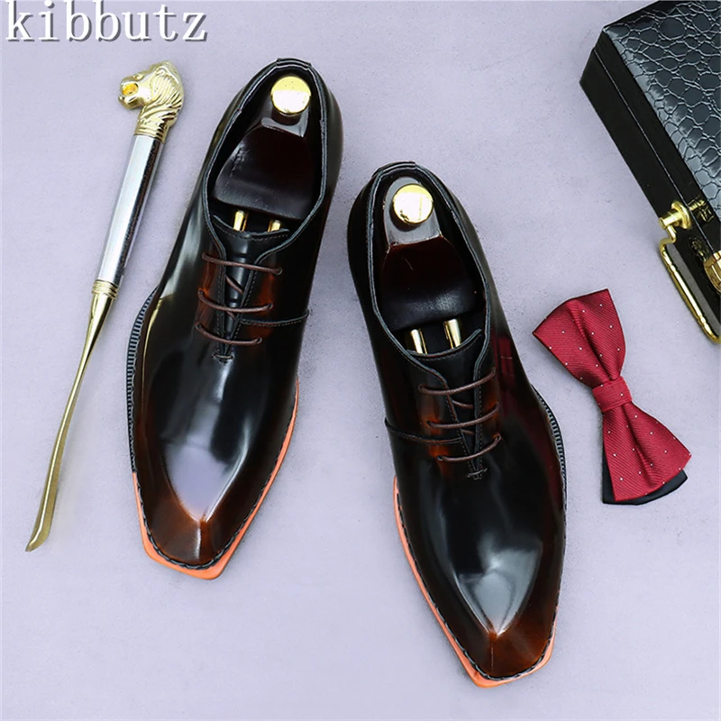 Men New Bright Leather Formal Wear Shoes British Style Square Toe Lace Up Oxfords Gentleman Wedding Party Shoes