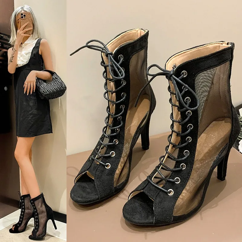 Sexy PVC Transparent Boots Sandals Peep Toe Shoes Clear Chunky Heels Lace-Up Sandals Mujer Women Short Boots 2024 Fashion Party