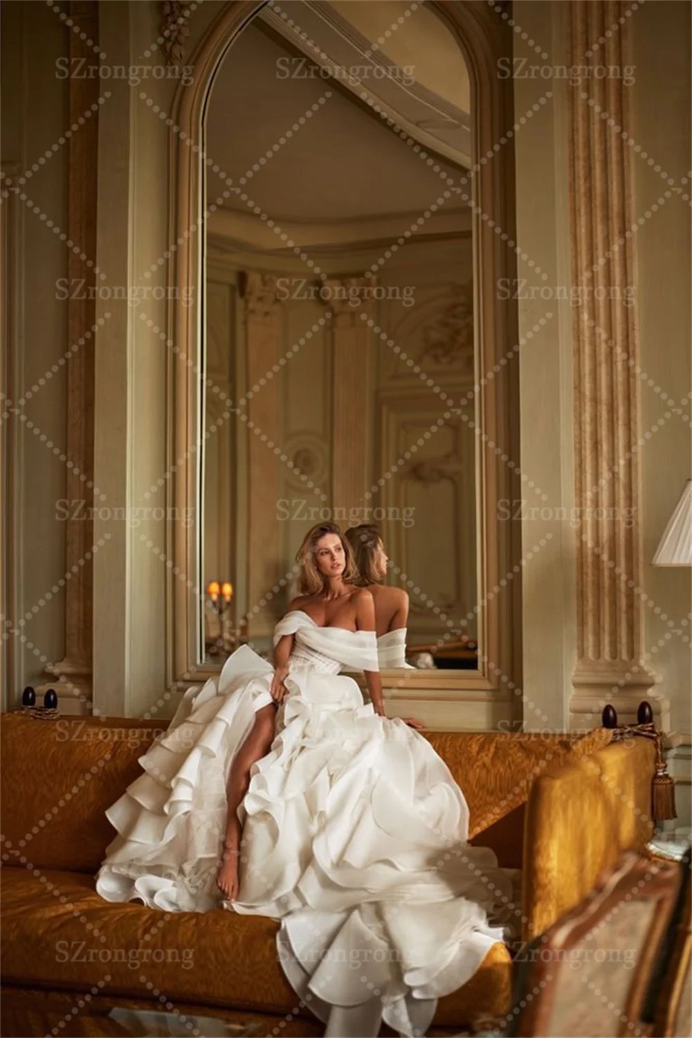 Off Shoulder Chiffon Tiered Ruffles Ball Gown Wedding Gown Backless Floor Length Beach Bridal Dress with Sweep Train Custom Made