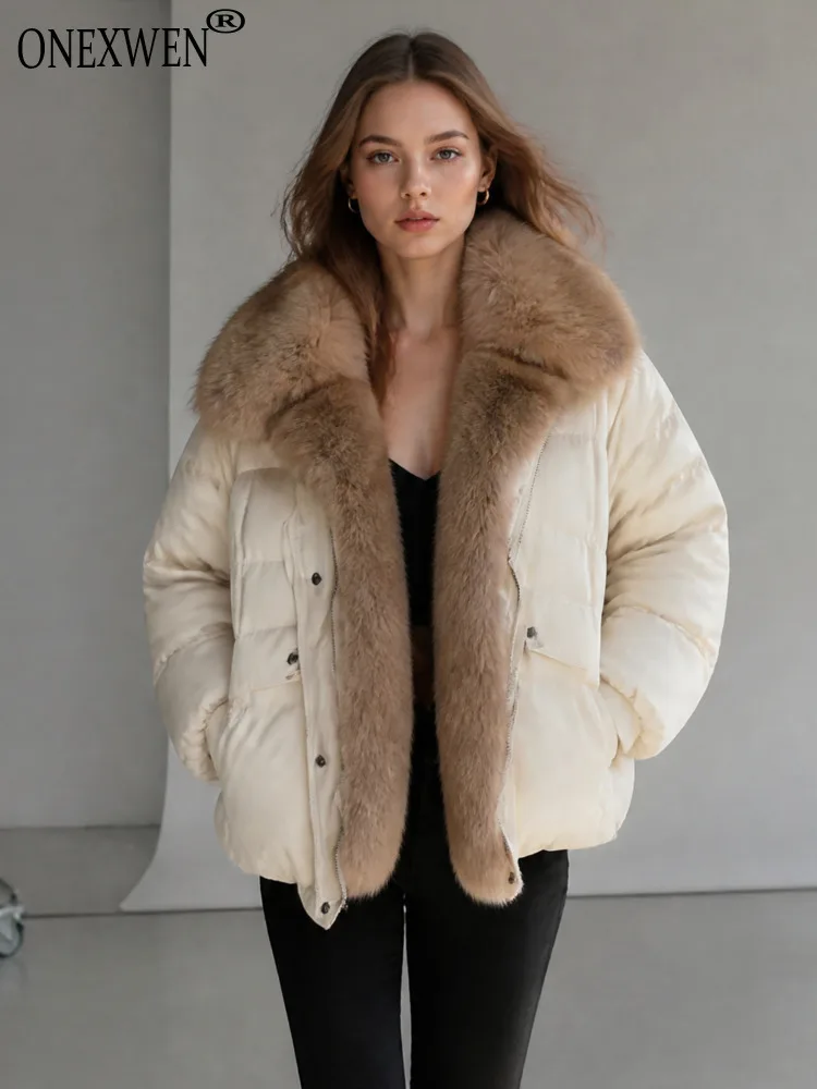 ONEXWEN Women Short Puffer Jacket With Faux Fur Collar Zip Button Quilted Padded Coat Beige Winter Warm Ladies Outerwear RU43