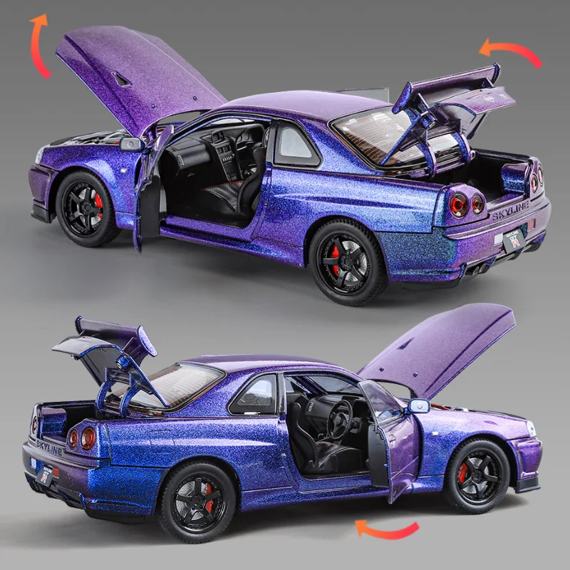 1:24 r34 skyline rápido e furioso liga modelo de carro som e luz puxar para trás brinquedo das crianças colecionáveis presente aniversário
