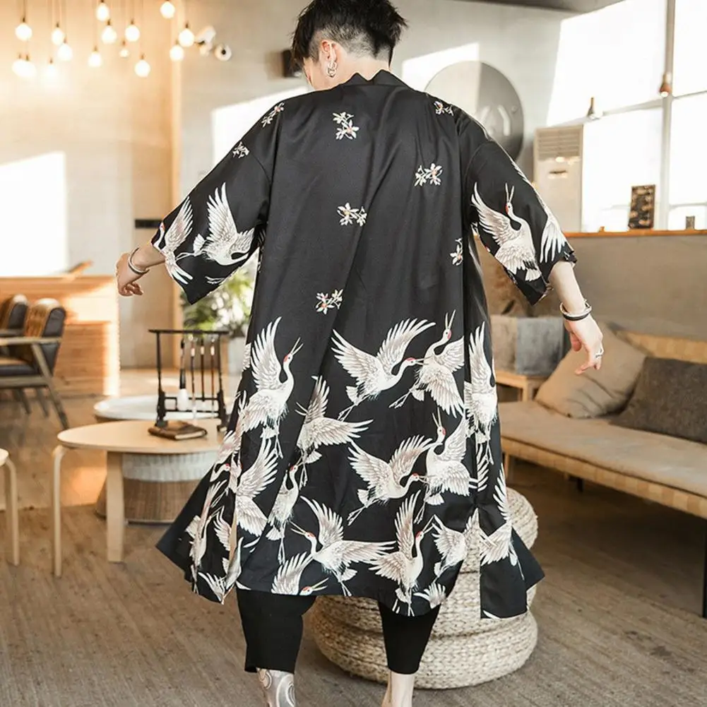 Japanese Style Men Top Japanese Style Bird Printed Cardigan for Sports Travel Unisex Three Quarter Sleeves Loose Robe for Wear