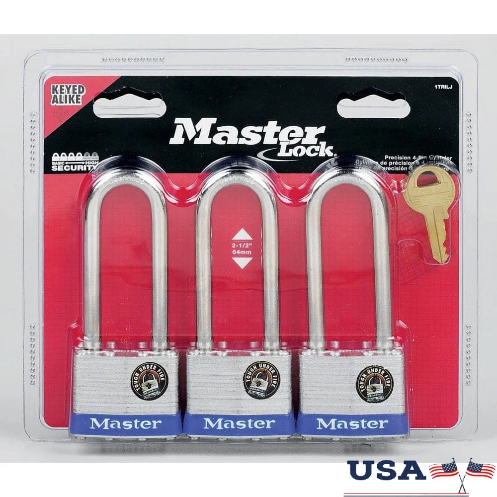 

Laminated Steel Double Locking Padlock 3 Pack Keyed Alike Extra Long Shackle Cut Pry Resistant Durable Security Locks