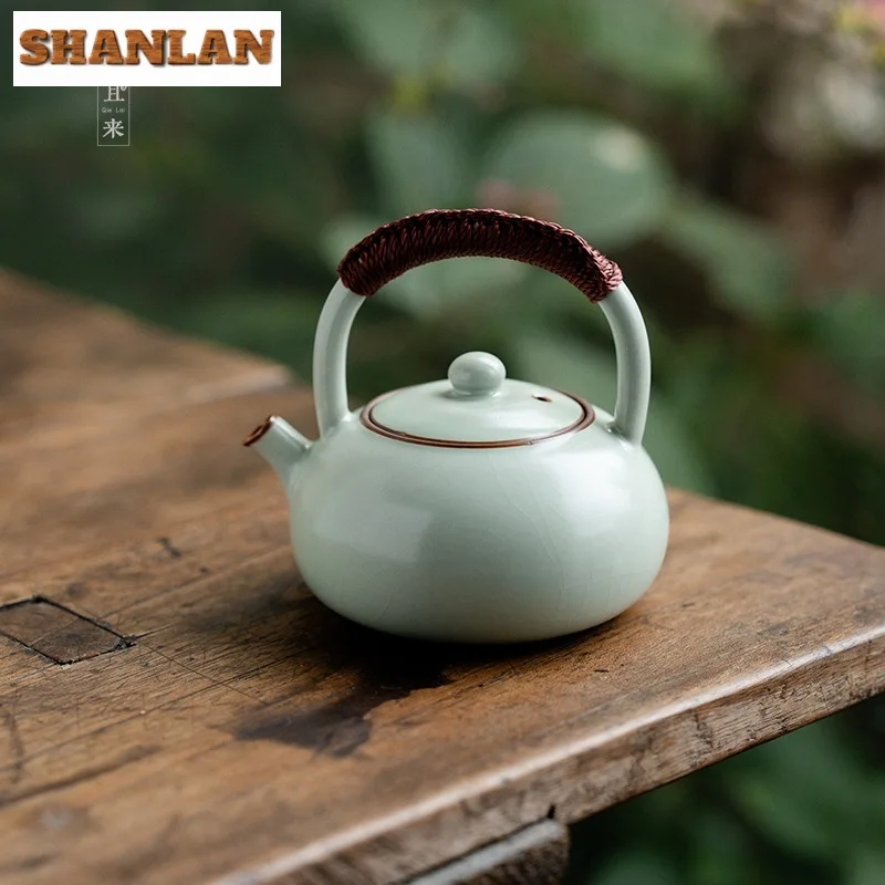 220ml Handmade Azure Ru Kiln Xishi Teapot Ancient Opening Beam Warmer Pot Tea Making Kettle Tea Ceremony Supplies Decoration