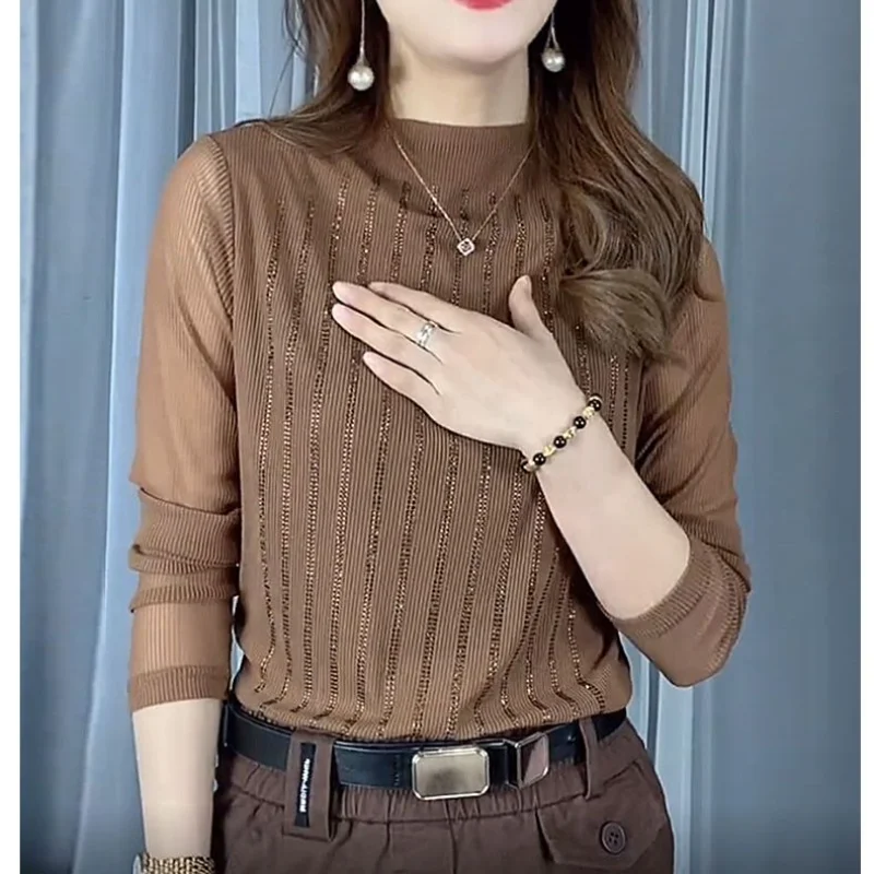 Fashionable and Elegant Women\'s Top with Hollowed Out Half High Collar Long Sleeves Simplicity Solid Color Commuting Pullover