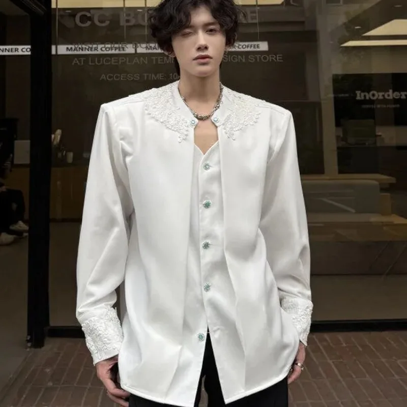 Men's Clothing Embroidered Versatile Shoulder Pad Shirt Trendy Brand Handsome Long-sleeved Lace Elegant High-end Shirt