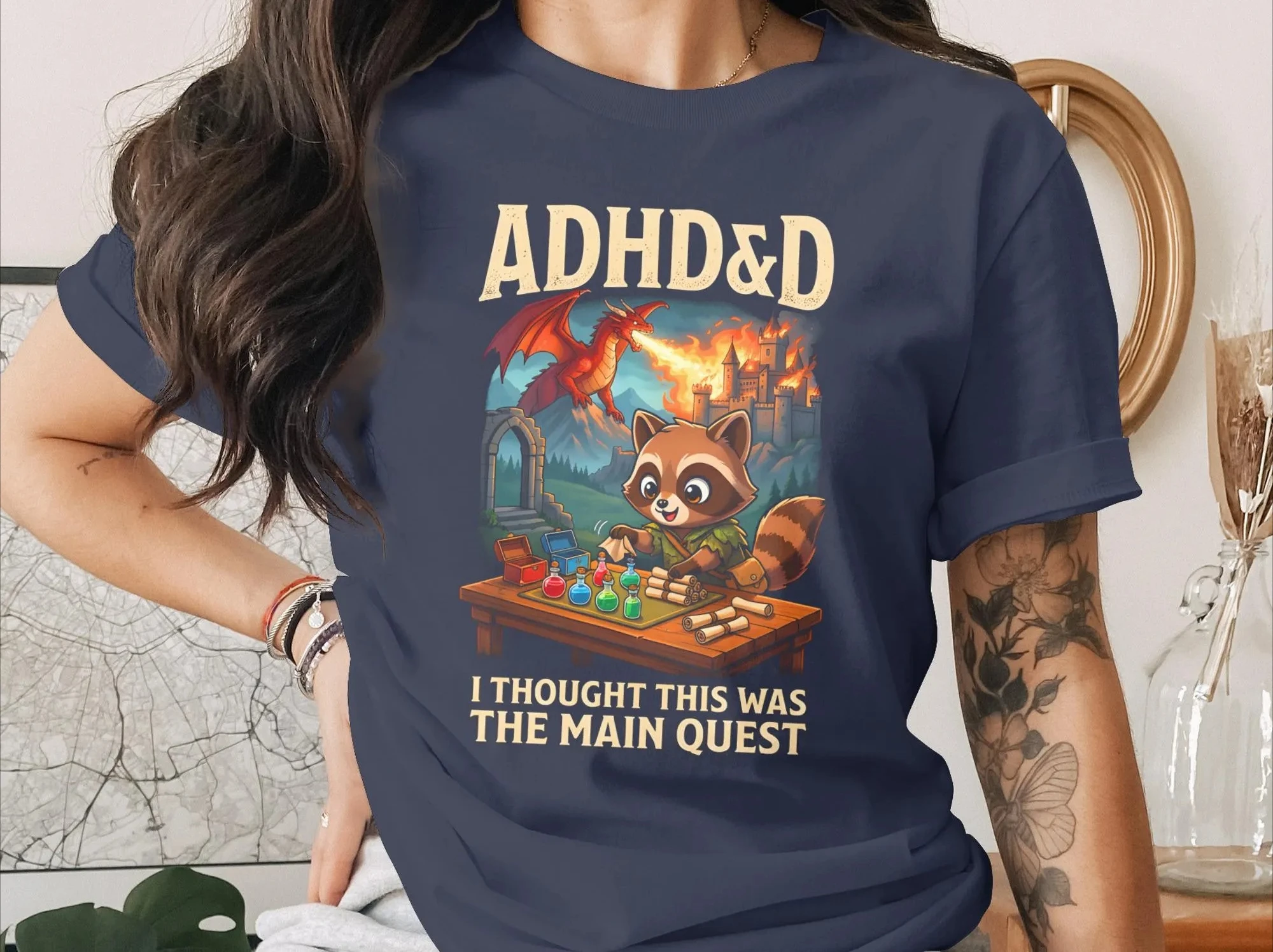 Fun Dragon and Dungeon Themed T-shirt with ADHD Theme, Cute Countryside Style Raccoon Fantasy T-shirt As A Gift for Enthusiasts