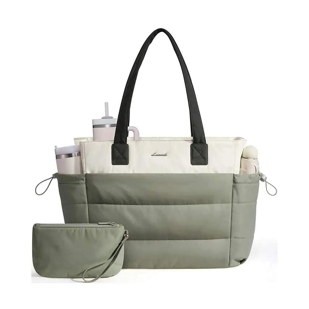 

Tote Bag for Women with Giant Tumbler Holder Pocket, Puffer Work Travel Laptop Handbag with Zipper for Nurse Teacher