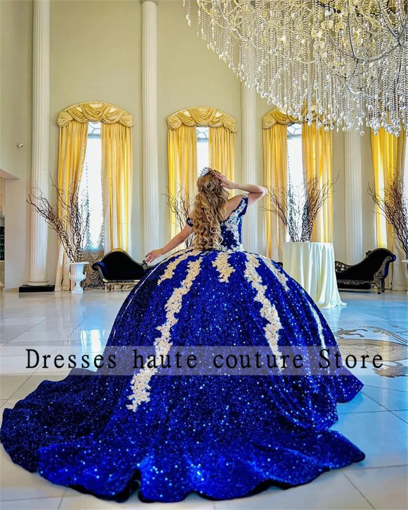 Gaun Quinceanera Beludru Biru Royal Meksiko Gaun Bola 2023 Applique Gaun Manis Bertali Bahu Terbuka 16 Gaun Vestidos De XV Anos