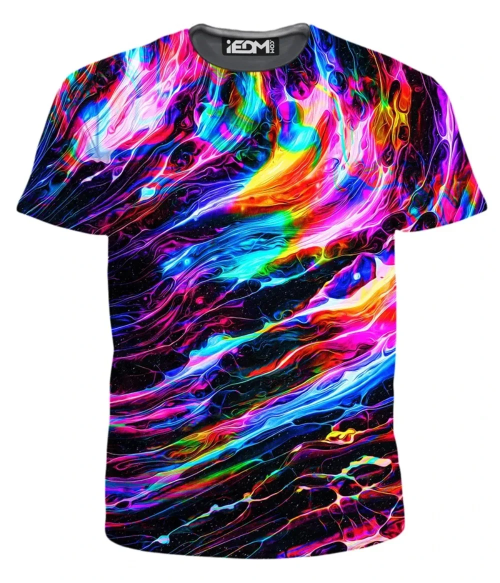 Neon Swirl Galaxy 3D Print Quick Dry Breathable Short Sleeve Tee, Colorful Liquid Abstract Summer Unisex T-shirt