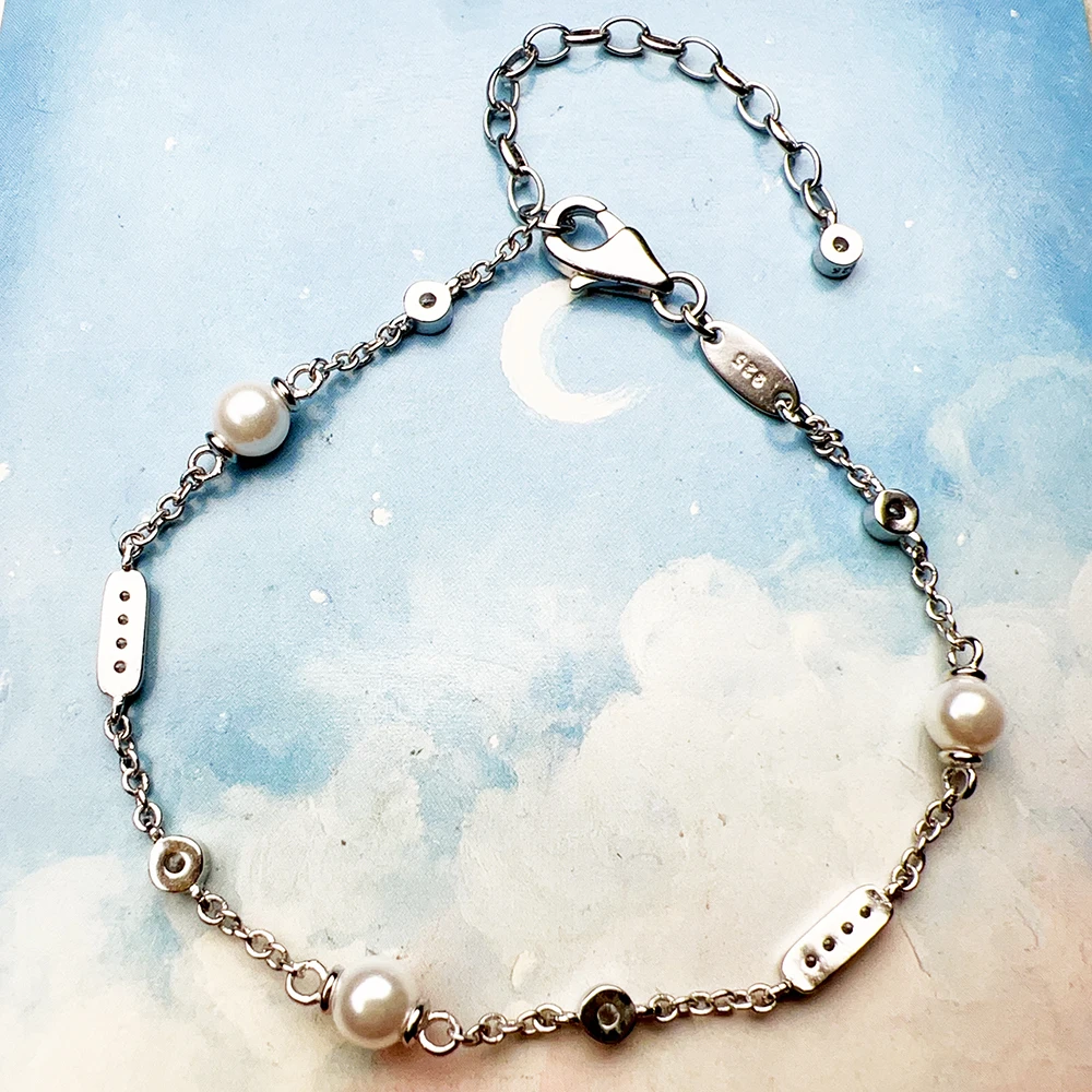 Armband mit Süßwasserperle und weißem Stein, 925er Sterlingsilber, edler Schmuck, Europa, klassisches Geschenk für Damen – Detail 5