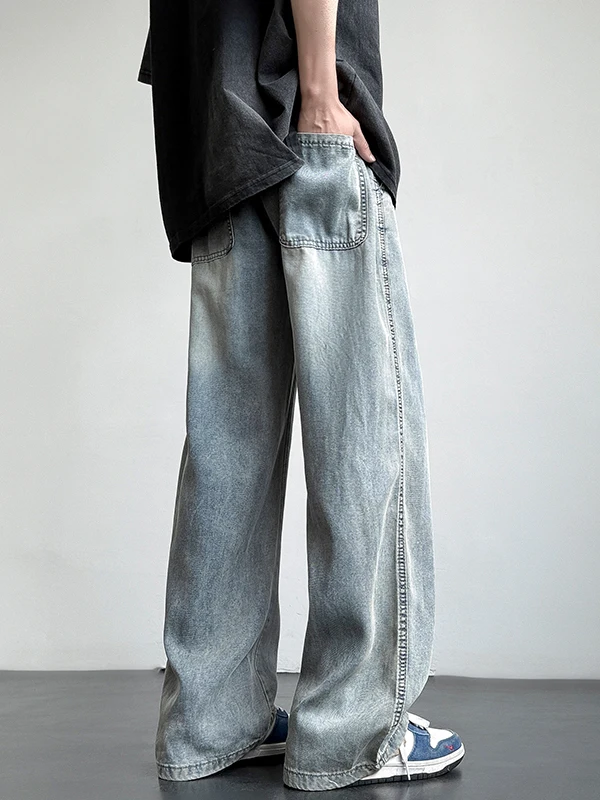 

Retro Silk Men's Jeans Summer Thin Wide Leg Straight Cut Loose Fit Casual Pants mid Waist Straight Tube Trousers for Men